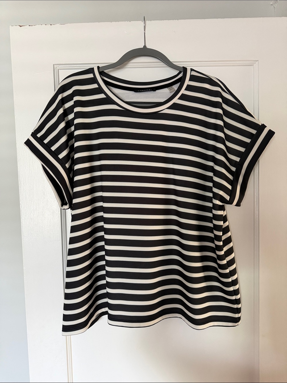 T Tahari Black and White Striped Short Sleeve Tee